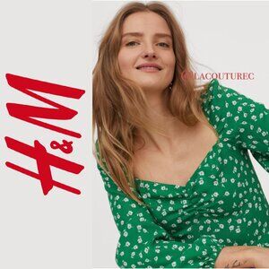 🎀 H&M Kelly Green Puff Sleeve Ruched Cropped Top Shirt🎀